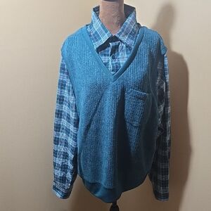 Haband Blue Plaid Shirt with Brown Accent